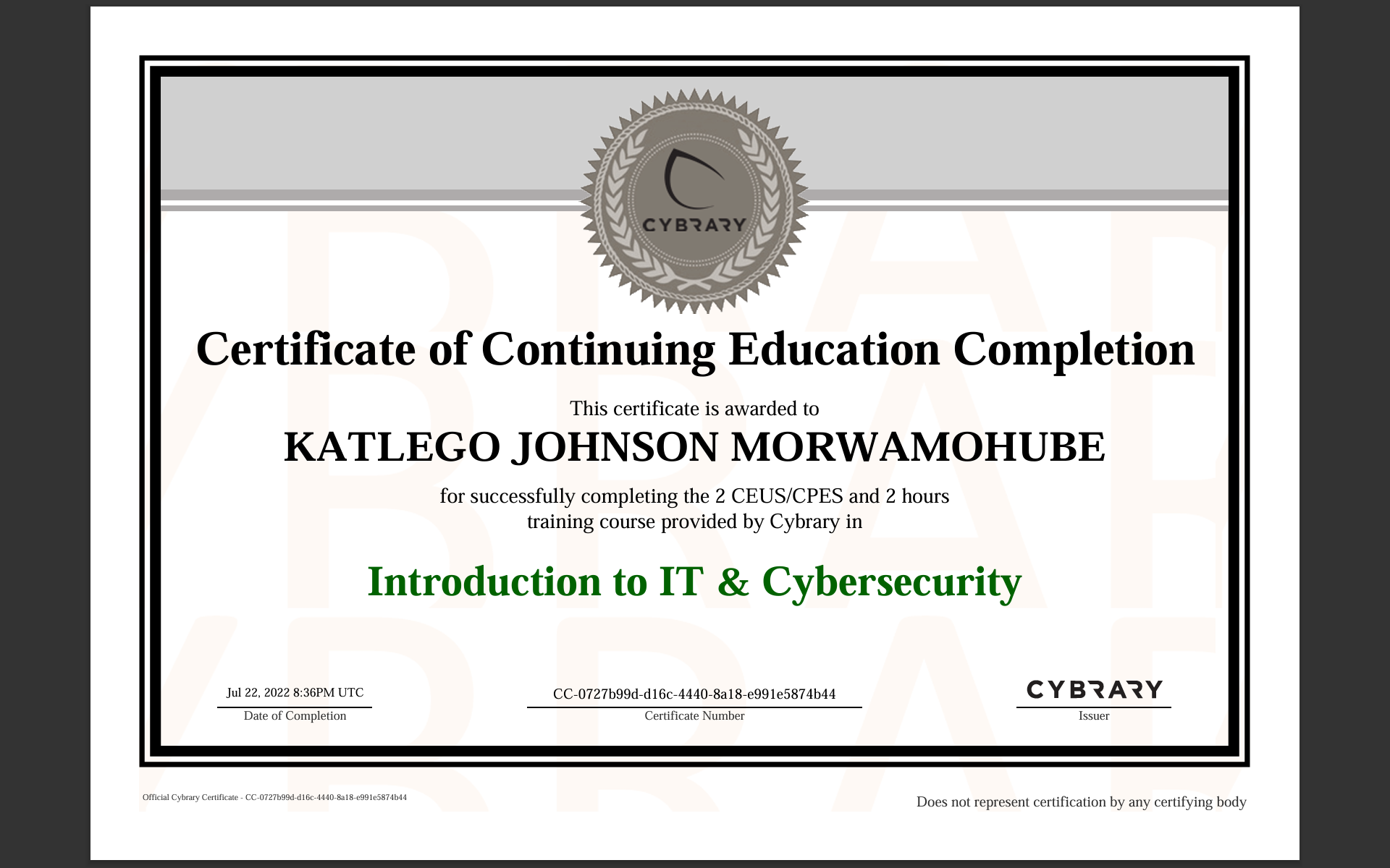 Cybrary Introduction Certification